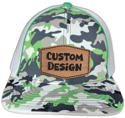 Custom Patch - Pacific Headwear Glamo Mesh Flex Fit Trucker Cap - GREEN/WHITE/BLACK/CAMO