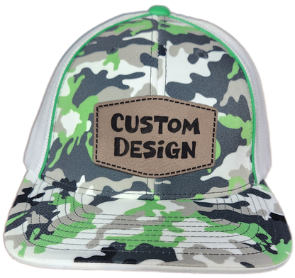 Custom Patch - Pacific Headwear Glamo Mesh Flex Fit Trucker Cap - GREEN/WHITE/BLACK/CAMO