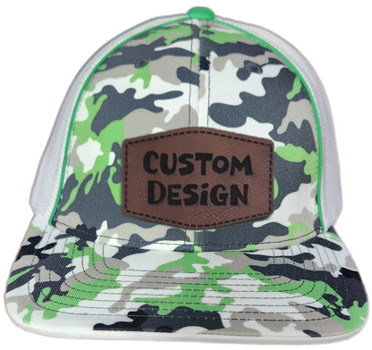Custom Patch - Pacific Headwear Glamo Mesh Flex Fit Trucker Cap - GREEN/WHITE/BLACK/CAMO
