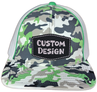Custom Patch - Pacific Headwear Glamo Mesh Flex Fit Trucker Cap - GREEN/WHITE/BLACK/CAMO