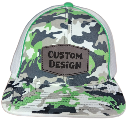 Custom Patch - Pacific Headwear Glamo Mesh Flex Fit Trucker Cap - GREEN/WHITE/BLACK/CAMO