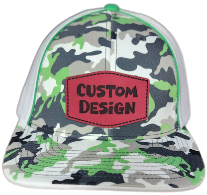 Custom Patch - Pacific Headwear Glamo Mesh Flex Fit Trucker Cap - GREEN/WHITE/BLACK/CAMO