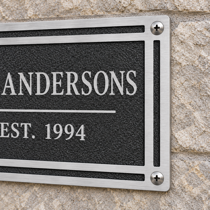Close-up of Andersons cast aluminum wall plaque mounted to stone with silver screws