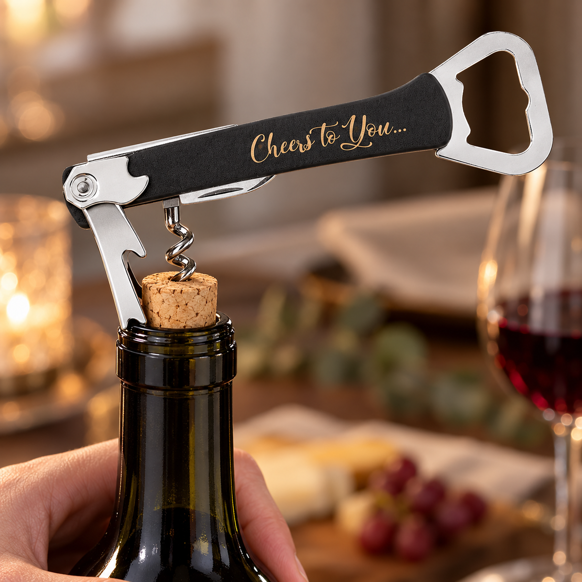 A close-up image of a sleek corkscrew wine bottle opener in use, featuring a black handle with the engraved phrase “Cheers to You...