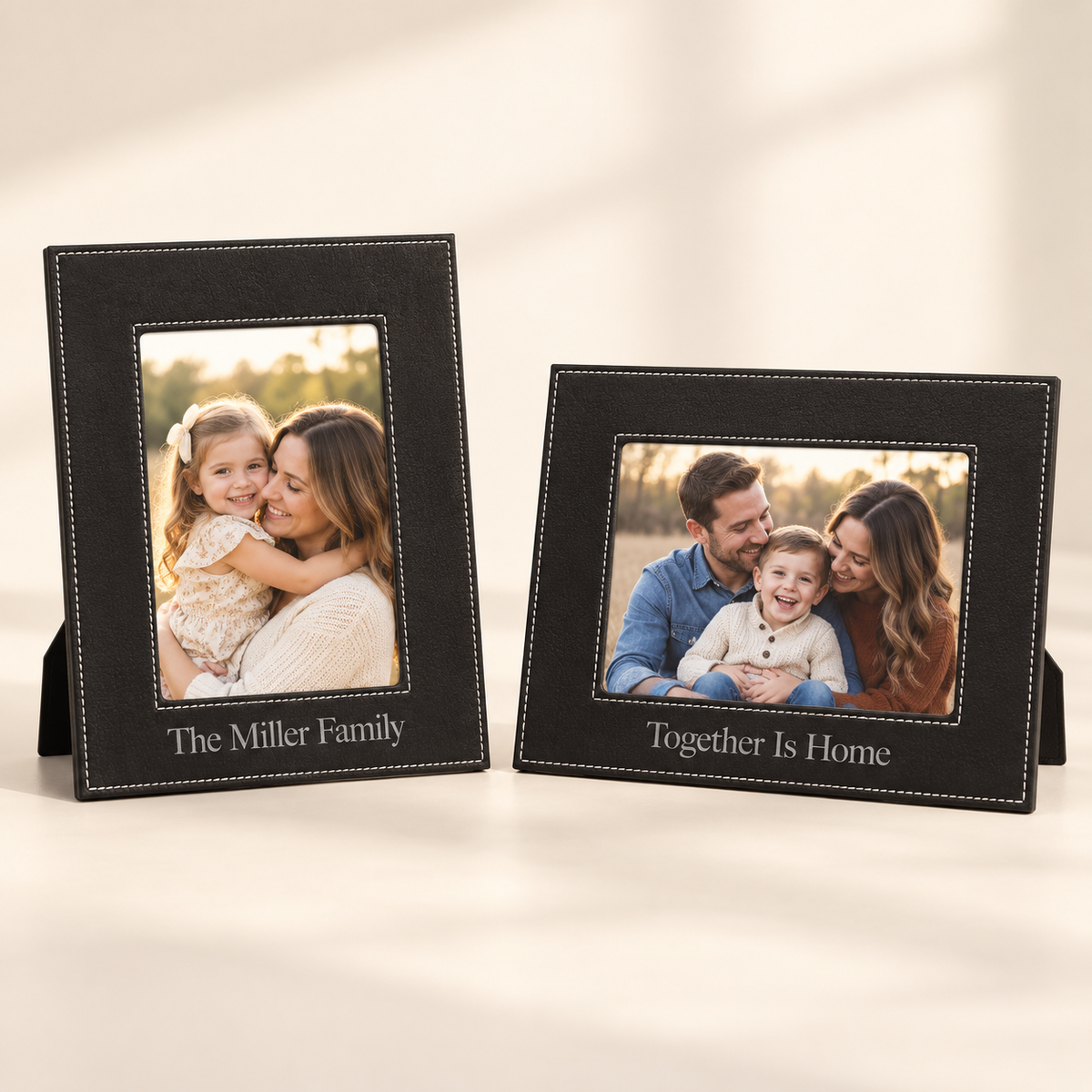 Two black personalized photo frames with white stitching and stand bases, displayed on a light beige background. 