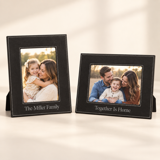 Two black personalized photo frames with white stitching and stand bases, displayed on a light beige background. 