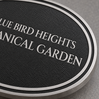Close-up of textured black cast aluminum oval sign with raised silver border and lettering