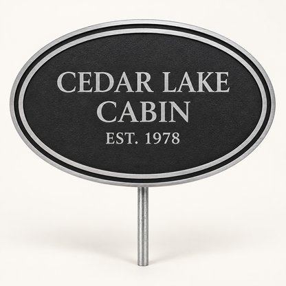Black oval cast aluminum Cedar Lake Cabin sign mounted on a silver ground stake