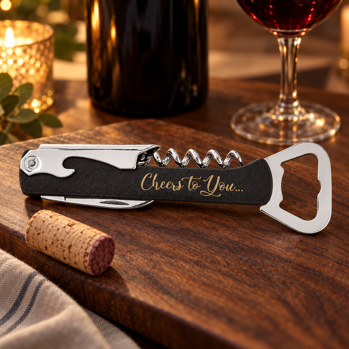 A personalized corkscrew wine bottle opener features a sleek black handle with the engraved phrase Cheers to You...