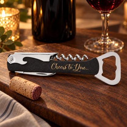 A personalized corkscrew wine bottle opener features a sleek black handle with the engraved phrase Cheers to You...