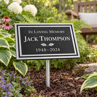 A personalized black memorial garden plaque with a silver border and metal stake, reading 'In Loving Memory Jack Thompson 1948-2024', displayed in a garden bed with mulch, green foliage, and flowers.