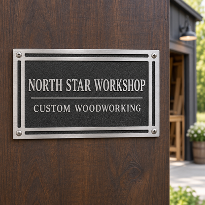 Personalized North Star Workshop cast aluminum plaque mounted on a wood exterior post
