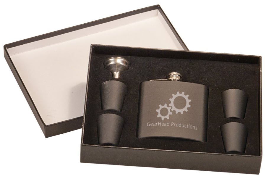 6 oz. Matte Black Flask Set in Black Presentation Box - Smalltown ConnEtchin