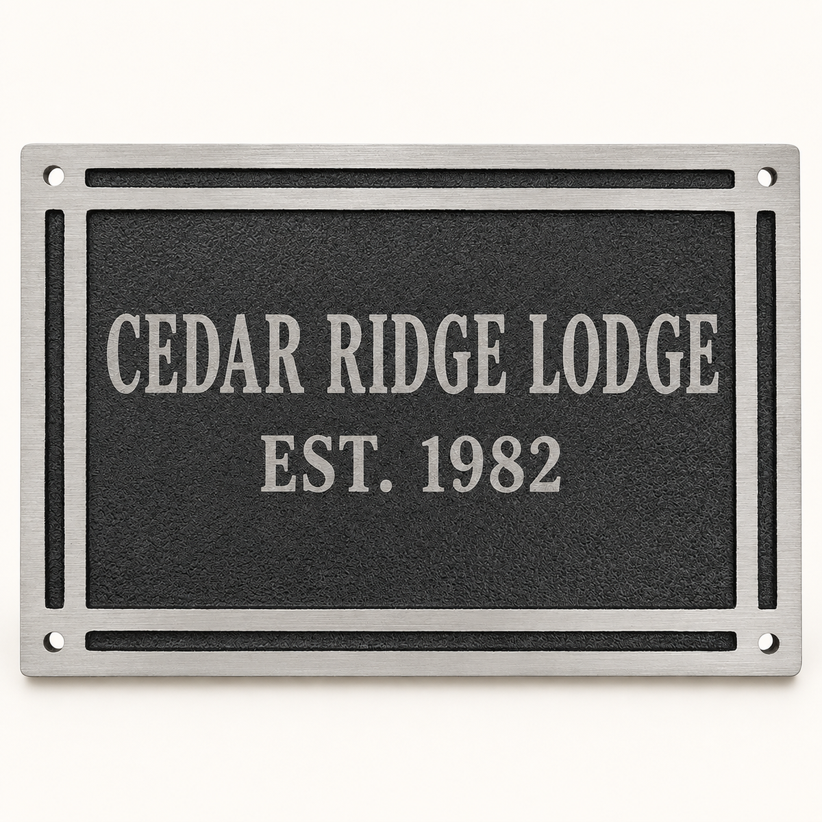 Black rectangular cast aluminum wall plaque personalized for Cedar Ridge Lodge