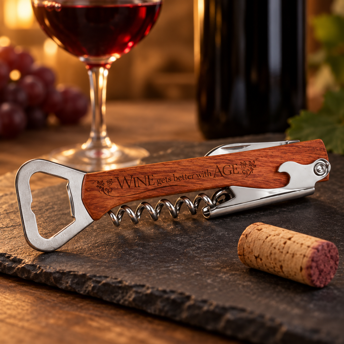 A personalized corkscrew wine bottle opener features a polished wood handle engraved with WINE gets better with AGE.