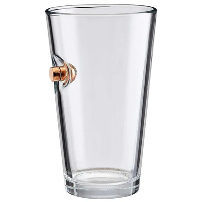 Clear glass with a bullet embedment on a white background.