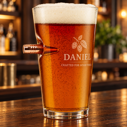 A clear pint glass filled with amber beer and topped with white foam, set on a wooden bar counter. The glass has a bullet embedment on the left side and is printed with the name DANIEL and a hop leaf graphic.