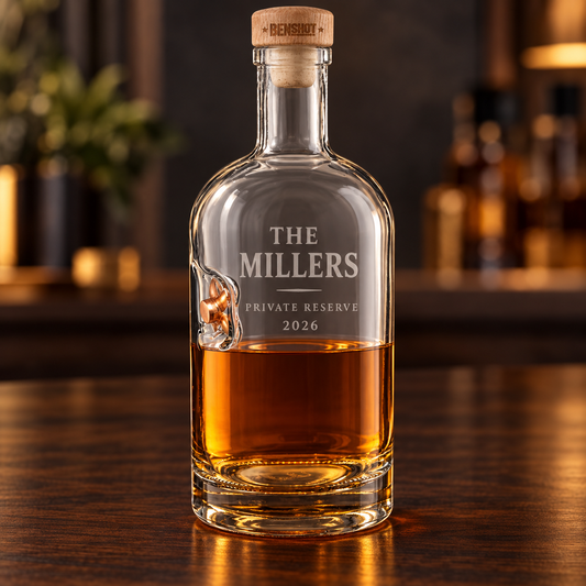 Personalized BenShot bullet whiskey decanter engraved with THE MILLERS, PRIVATE RESERVE, and 2026, filled with whiskey on a warm bar.