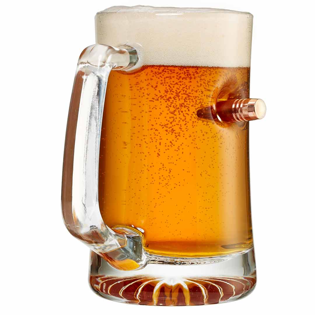 BenShot 24-ounce beer mug with copper bullet embedment