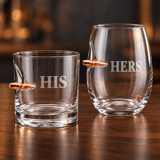 Personalized BenShot His & Hers gift set with an engraved .308 rocks glass and matching bullet wine glass on a warm wood bar.