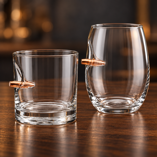 Two clear BENSHOT glasses, a rocks glass and wine glass, each featuring a copper bullet embedded in the side, displayed on a wooden bar surface