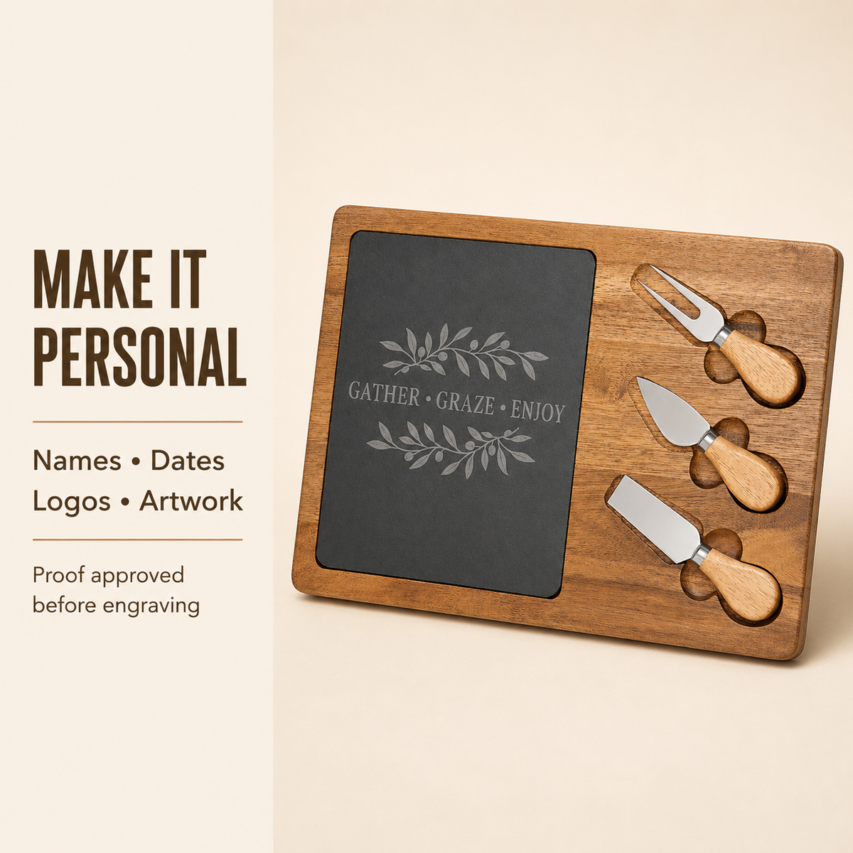 Personalized wooden cheese board set with a dark slate insert and three matching metal-and-wood serving tools, shown on a warm beige background with promotional text on the left.