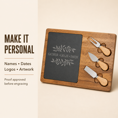 Personalized wooden cheese board set with a dark slate insert and three matching metal-and-wood serving tools, shown on a warm beige background with promotional text on the left.