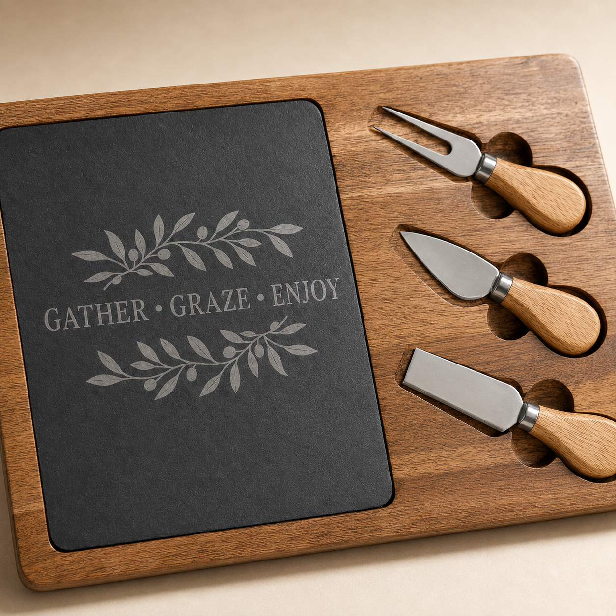 A wooden serving tray set with a dark slate board engraved with 'GATHER • GRAZE • ENJOY' and leaf motifs, plus three metal cheese knives with light wood handles.