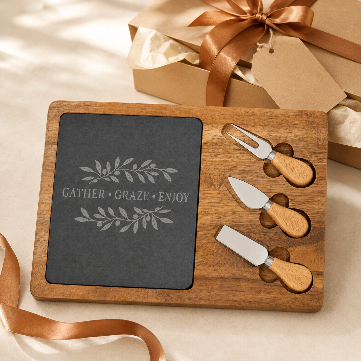 A wooden charcuterie board set with a dark slate insert engraved with 'GATHER • GRAZE • ENJOY' and leaf motifs, plus three small cheese knives with light wood handles, styled on a cream surface with a gift box and ribbon in the background.