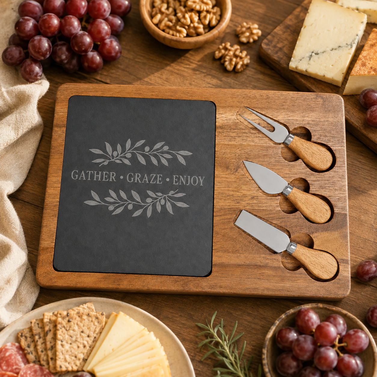 A wooden charcuterie board set on a rustic wooden table, featuring a dark slate insert engraved with 'GATHER • GRAZE • ENJOY' and three wooden-handled cheese knives and a fork.