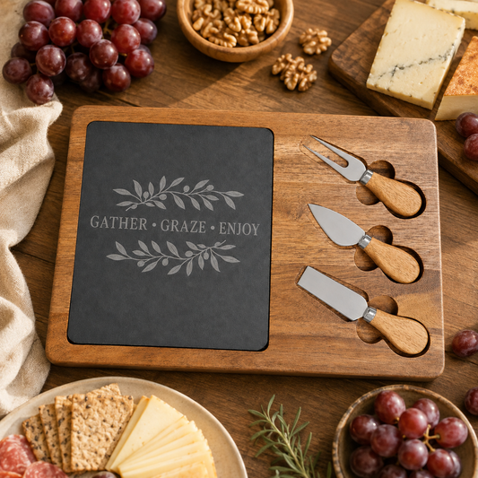 A wooden charcuterie board set on a rustic wooden table, featuring a dark slate insert engraved with 'GATHER • GRAZE • ENJOY' and three wooden-handled cheese knives and a fork.