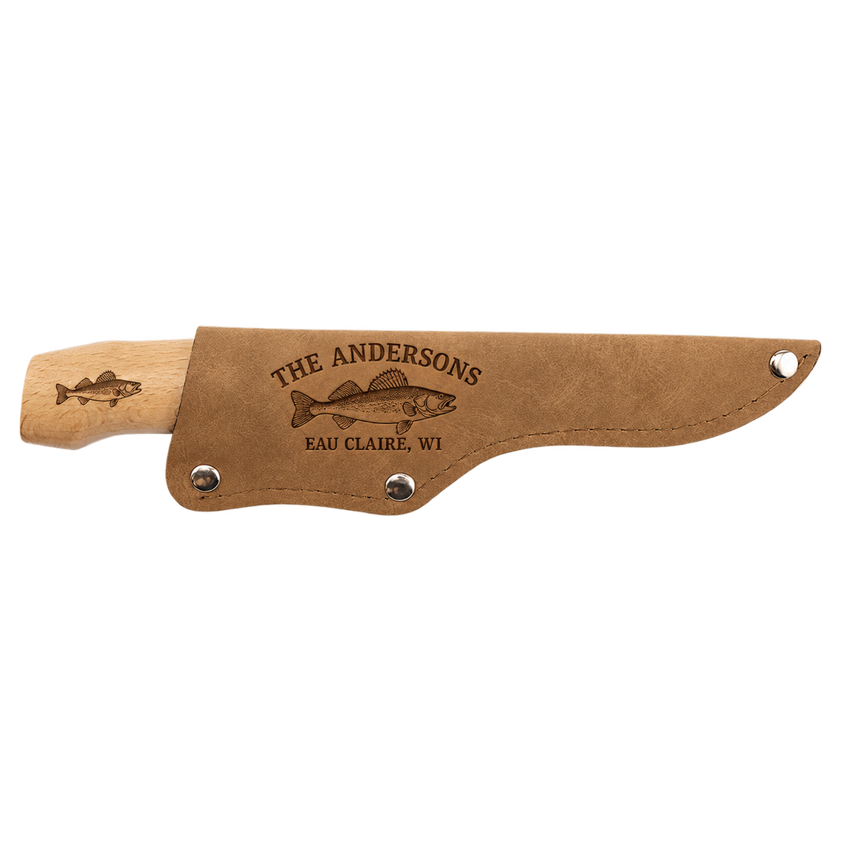 Personalized Bison River 4-inch fillet knife with engraved wood handle and leatherette sheath