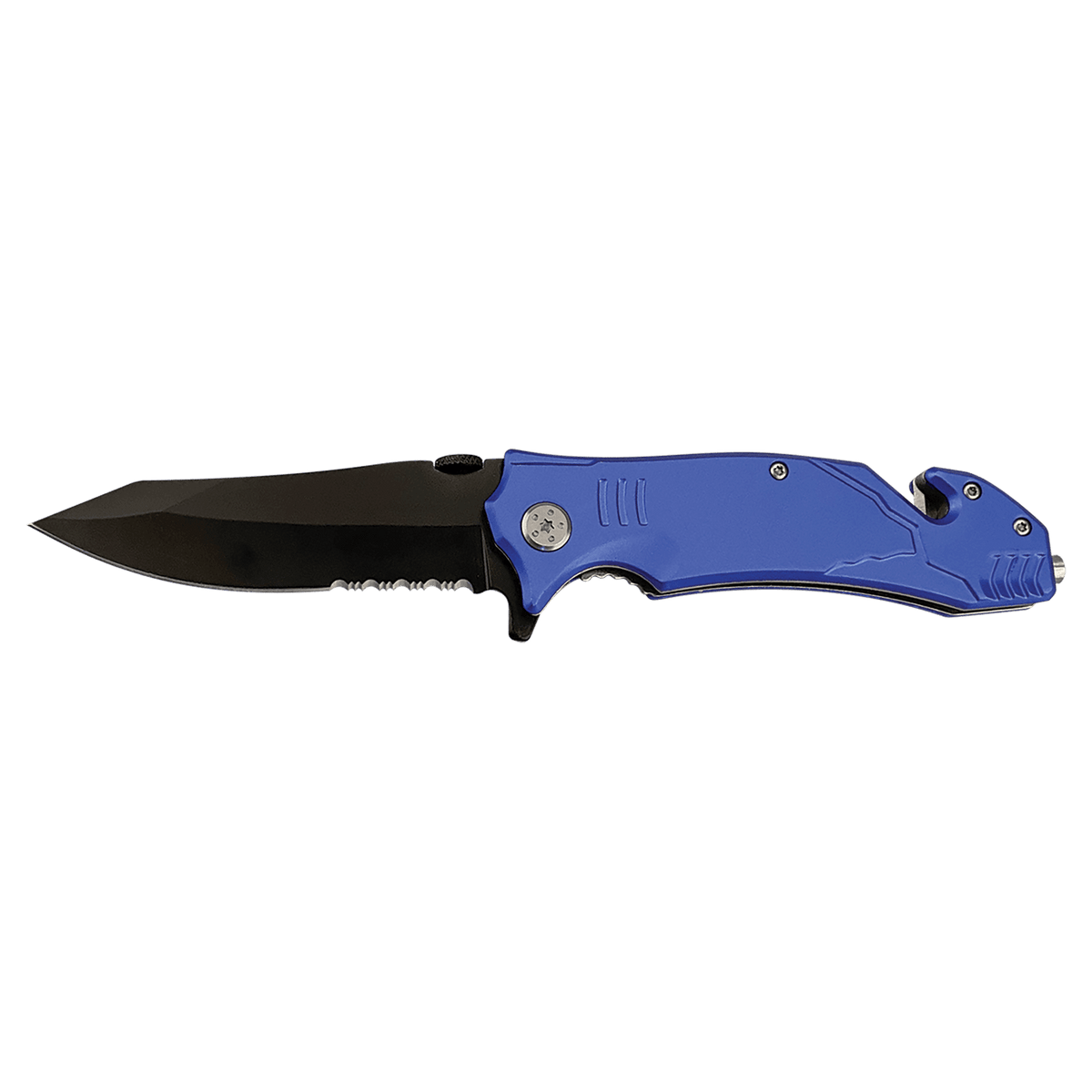 Folding knife with blue handle and black blade on a white background