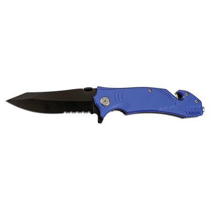 Folding knife with blue handle and black blade on a white background