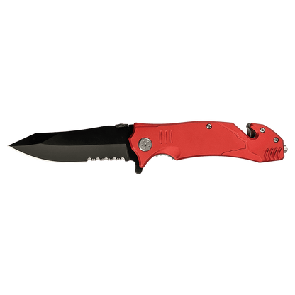 Red folding knife with a black blade on a transparent background