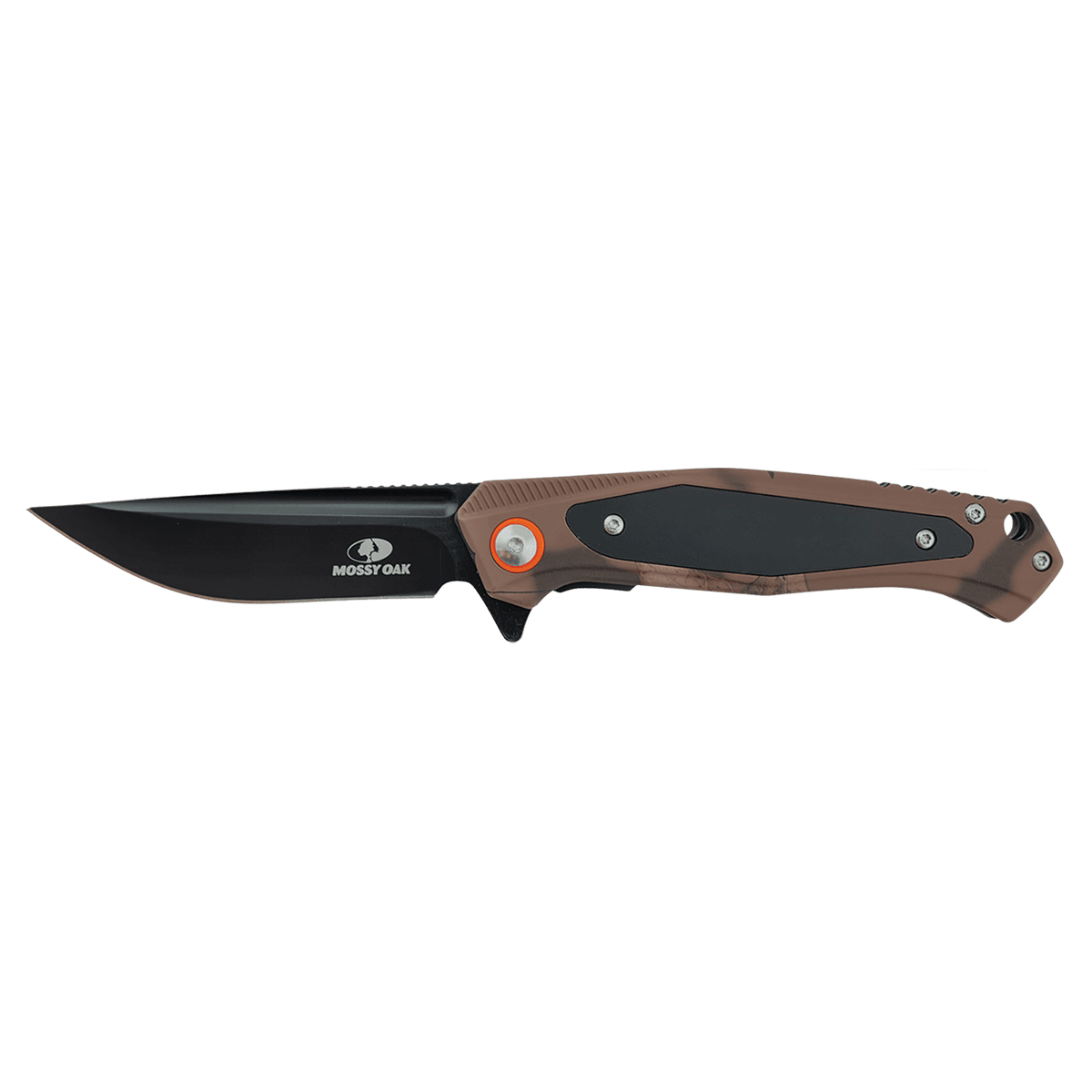 Bison River BR1071 brown Mossy Oak camo everyday carry knife shown without custom engraving.