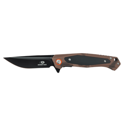 Bison River BR1071 brown Mossy Oak camo everyday carry knife shown without custom engraving.