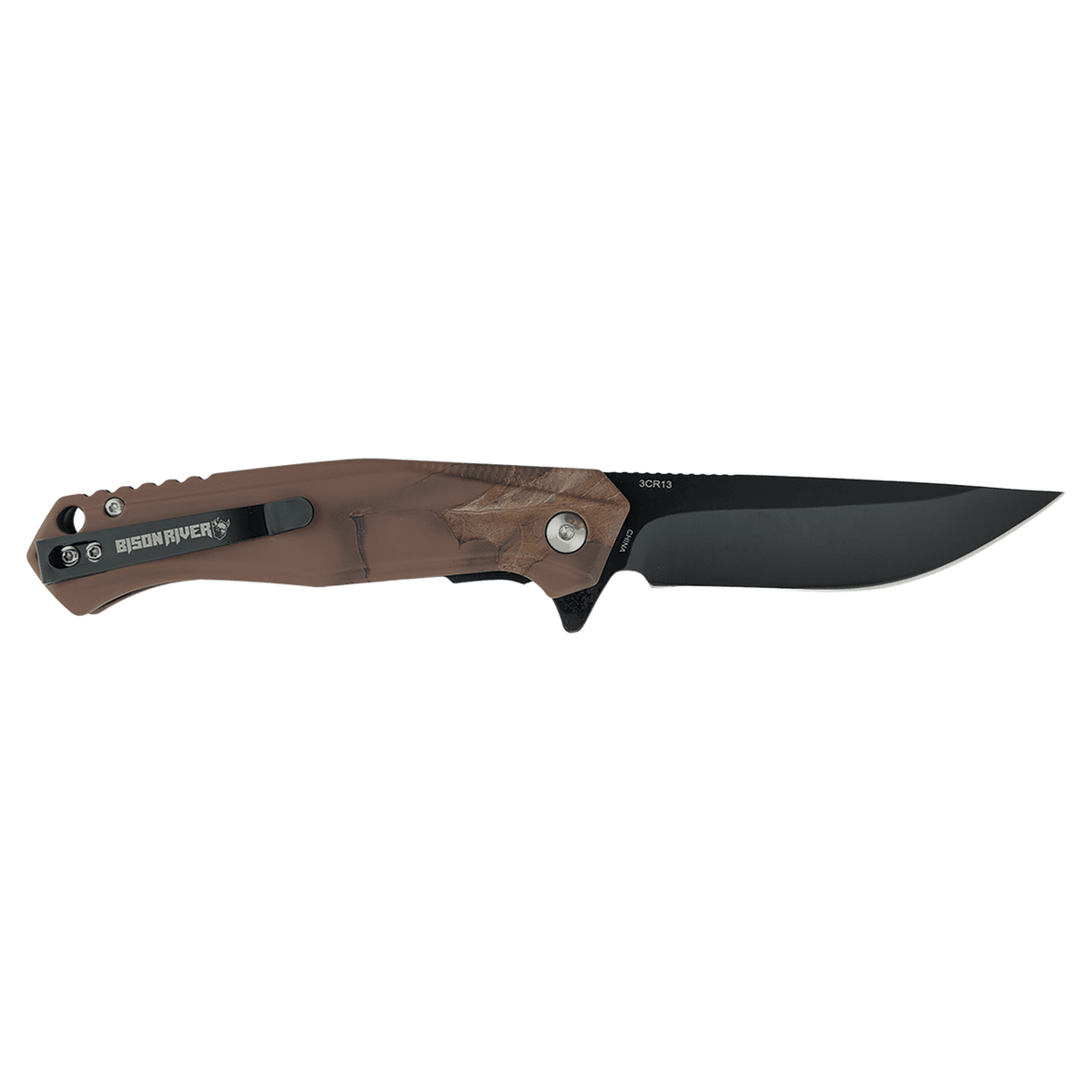Bison River BR1071 brown Mossy Oak camo everyday carry knife with a black anodized engraving plate.