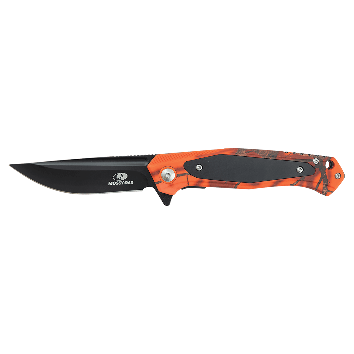 Bison River BR1073 orange Mossy Oak camo everyday carry knife shown without custom engraving.