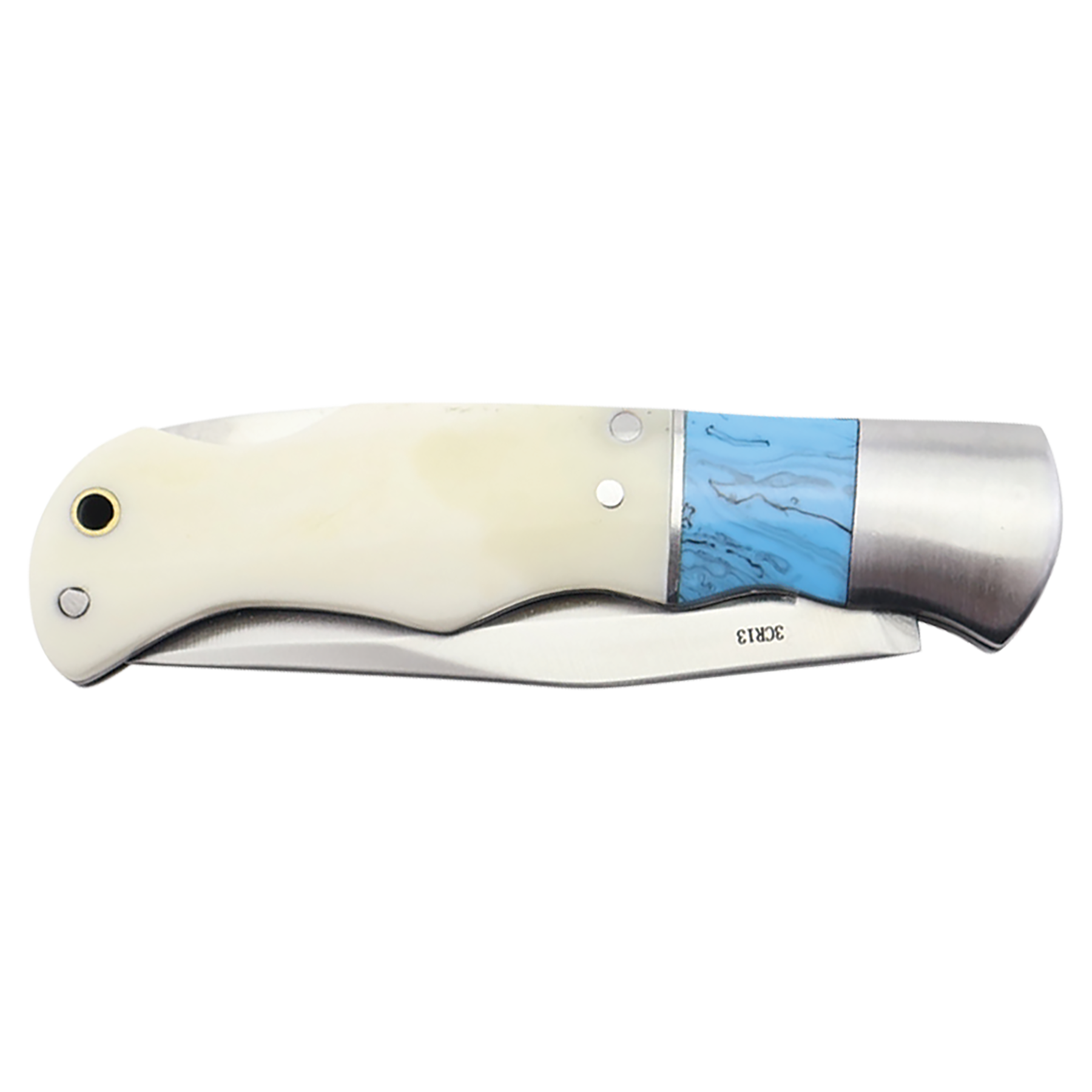 BISON RIVER  4" Blue/Bone Folding Knife - Beacon Laser Creations LLC