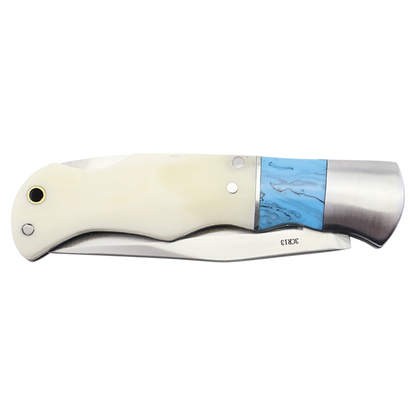 BISON RIVER  4" Blue/Bone Folding Knife - Beacon Laser Creations LLC