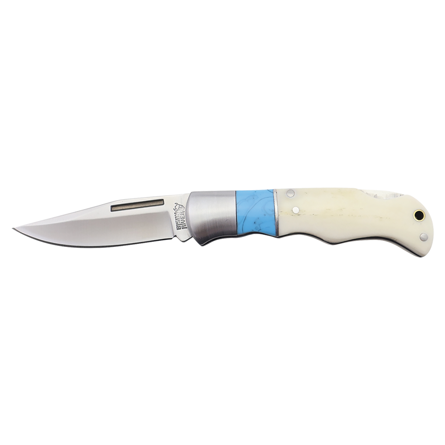 BISON RIVER  4" Blue/Bone Folding Knife - Beacon Laser Creations LLC