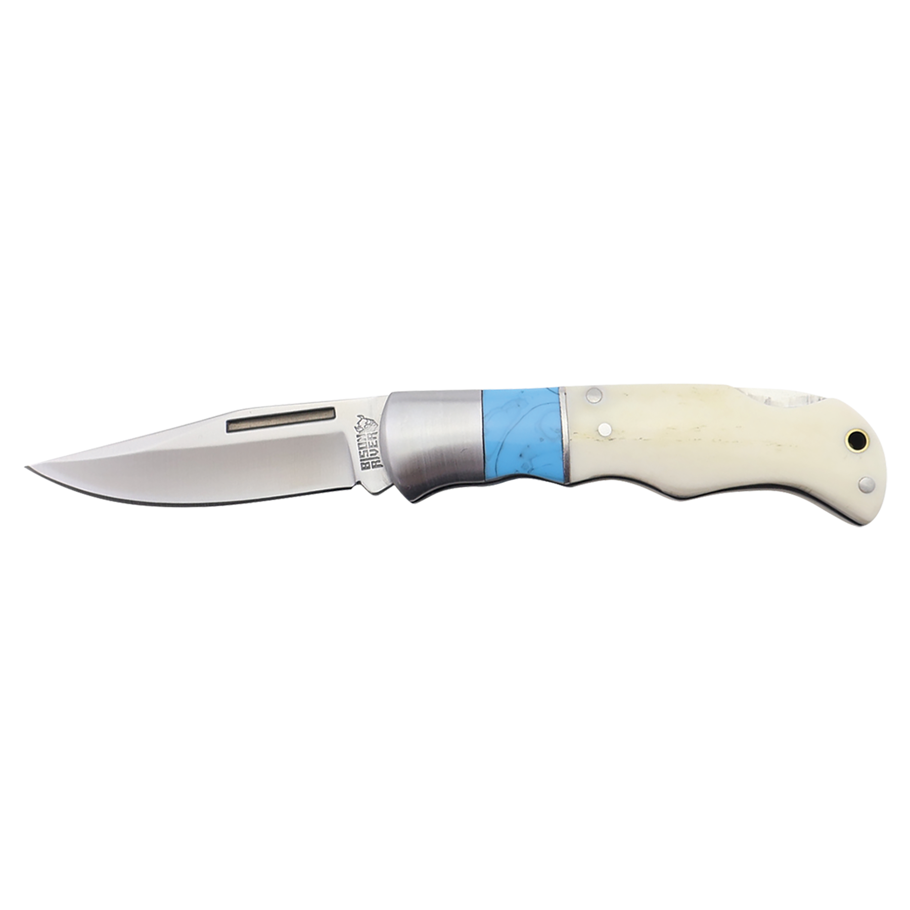 BISON RIVER  4" Blue/Bone Folding Knife - Beacon Laser Creations LLC