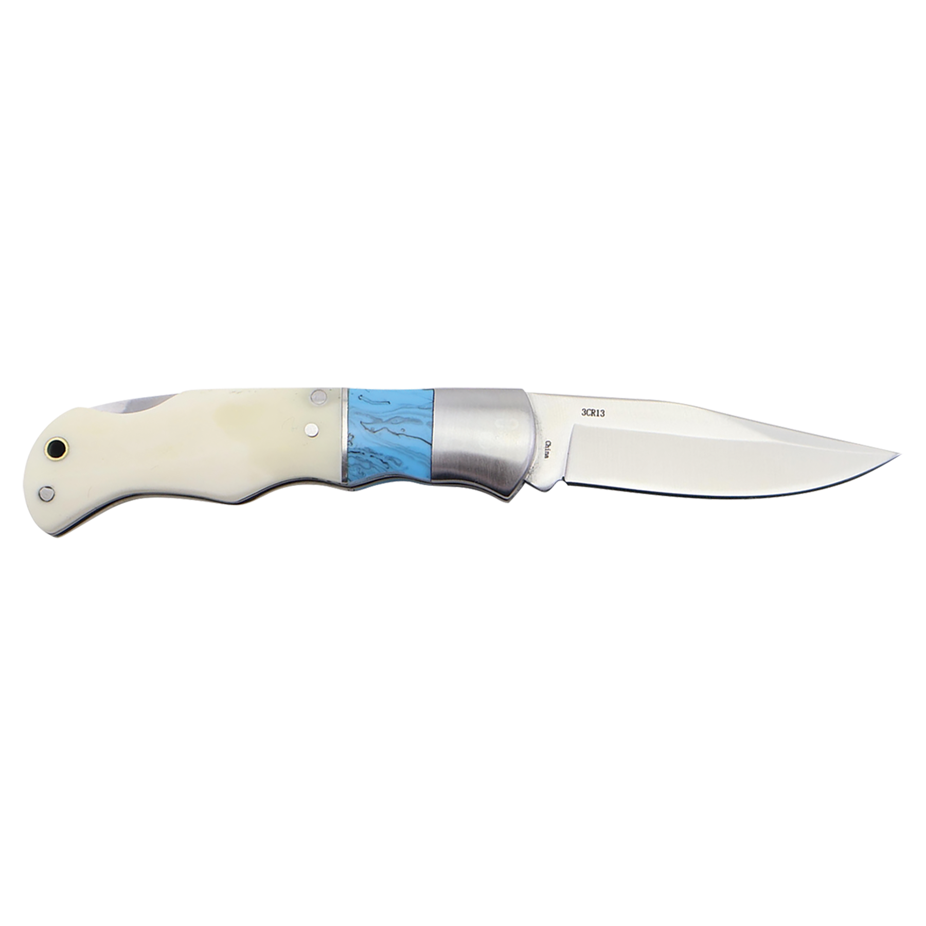 BISON RIVER  4" Blue/Bone Folding Knife - Beacon Laser Creations LLC