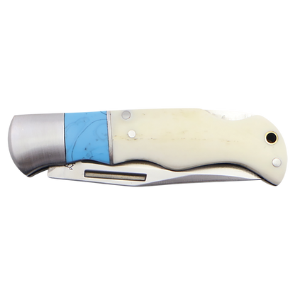 BISON RIVER  4" Blue/Bone Folding Knife - Beacon Laser Creations LLC