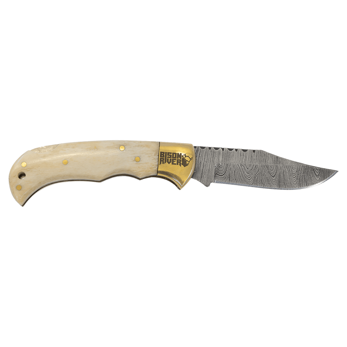 Folding knife with wooden handle and Damascus blade on a transparent background