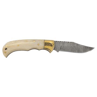 Folding knife with wooden handle and Damascus blade on a transparent background