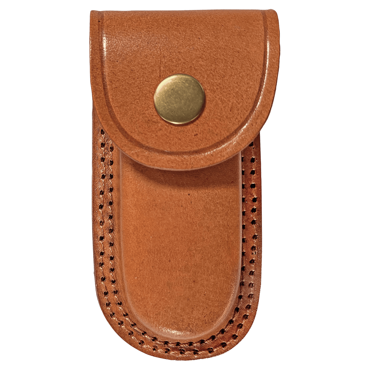 Brown leather pouch with a gold button on a transparent background