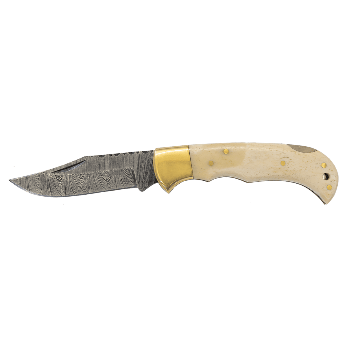 Folding knife with a decorative blade and bone handle on a transparent background