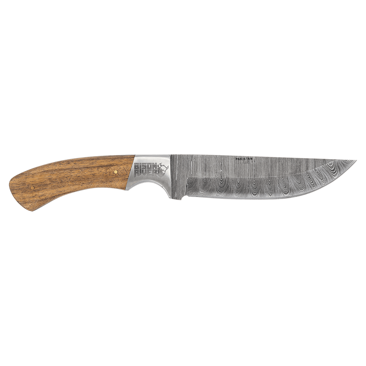 Knife with wooden handle and Damascus steel blade on a transparent background